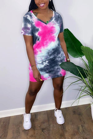 Casual V Neck Tie Dye Dress