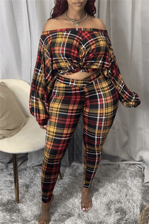 Fashion Casual Off The Shoulder Plaid Print Plus Size Set