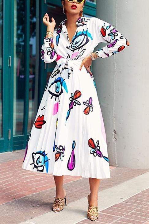 Print Long-Sleeved Shirt Pleated Skirt Set