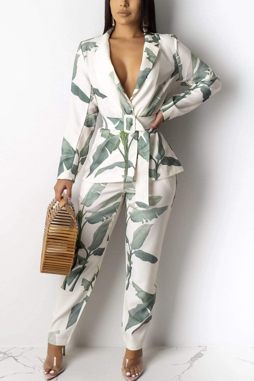 Casual Leaf Print Long-Sleeved Two-Pieces Set