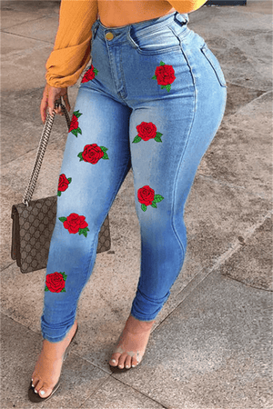 Fashion Casual Rose Print Slim Jeans