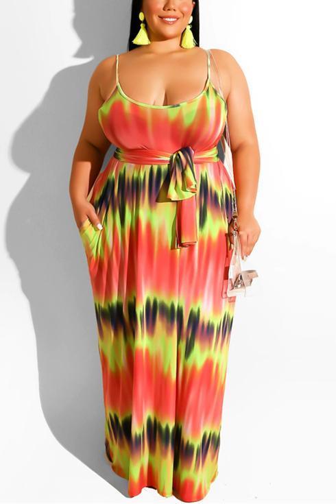 Sexy Tie-Dyed Print Sling Dress (With Belt)