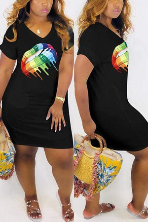 Fashion Cute V-Neck Rainbow Lips Dress