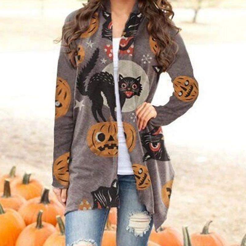 Halloween Cartoon Cat Pumpkin Magic Print Cardigan