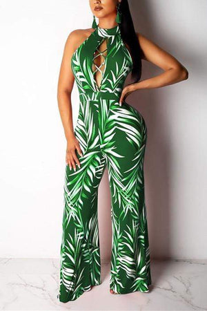 Sexy Hanging Neck Print Wide Leg Jumpsuit