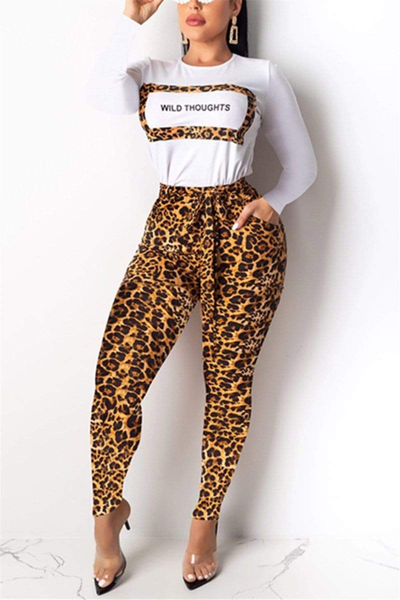 Round-Neck Long-Sleeved Leopard Print Letter Two-Piece