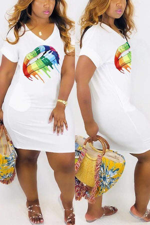 Fashion Cute V-Neck Rainbow Lips Dress