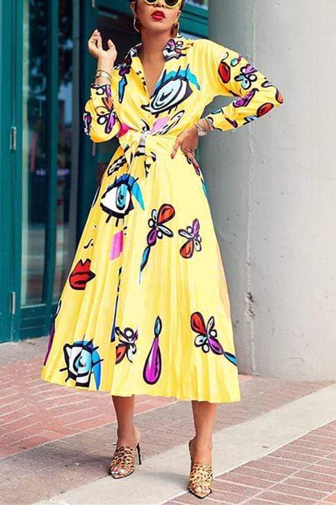 Print Long-Sleeved Shirt Pleated Skirt Set