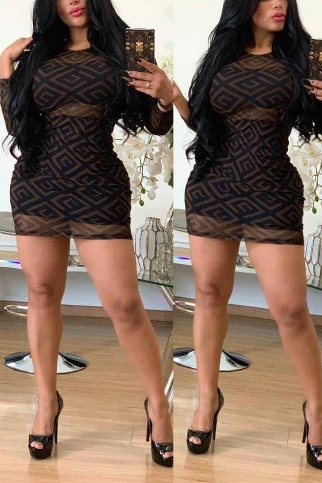 Fashion Sexy Mesh Print Long-Sleeved Dress