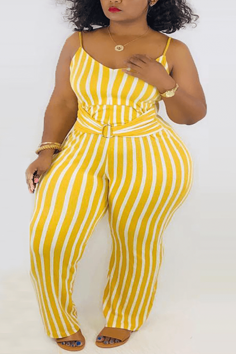 Fashion Sexy Spaghetti Strap Striped Plus Size Jumpsuit