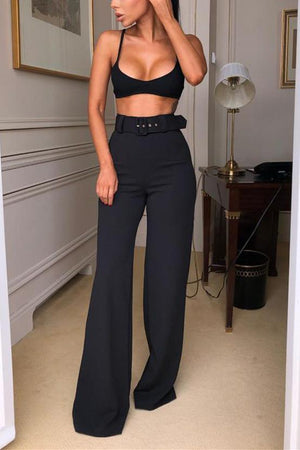 Casual Simple High-Waist  Wide-Leg Pants (With Belt) - VogueRegion