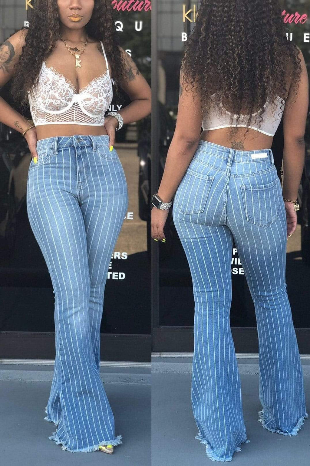 Fashion High Waist Striped Flared Jeans