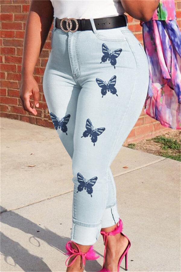 Fashion Butterfly Print Skinny Jeans（Without Belt）