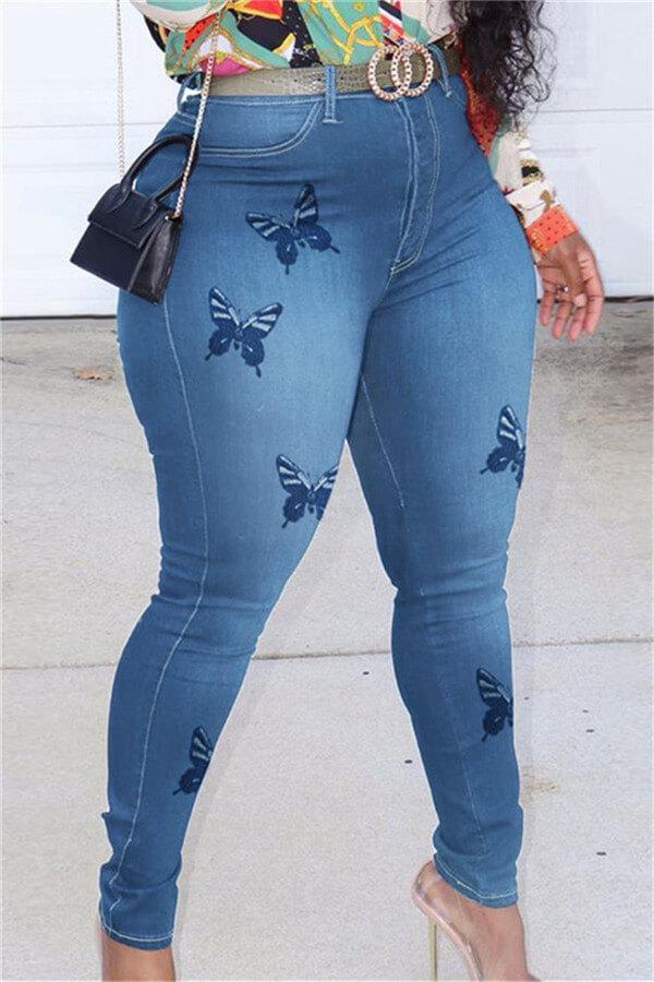 Fashion Butterfly Print Skinny Jeans（Without Belt）