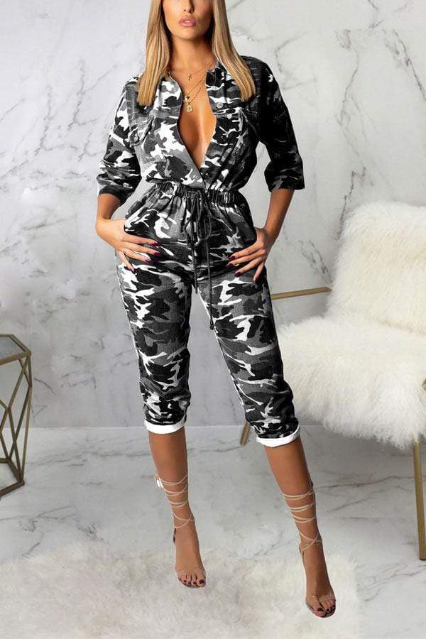 Fashion Camouflage Print Turndown Collar Jumpsuits