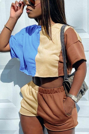 Fashion Casual Color Stitching Shorts Set