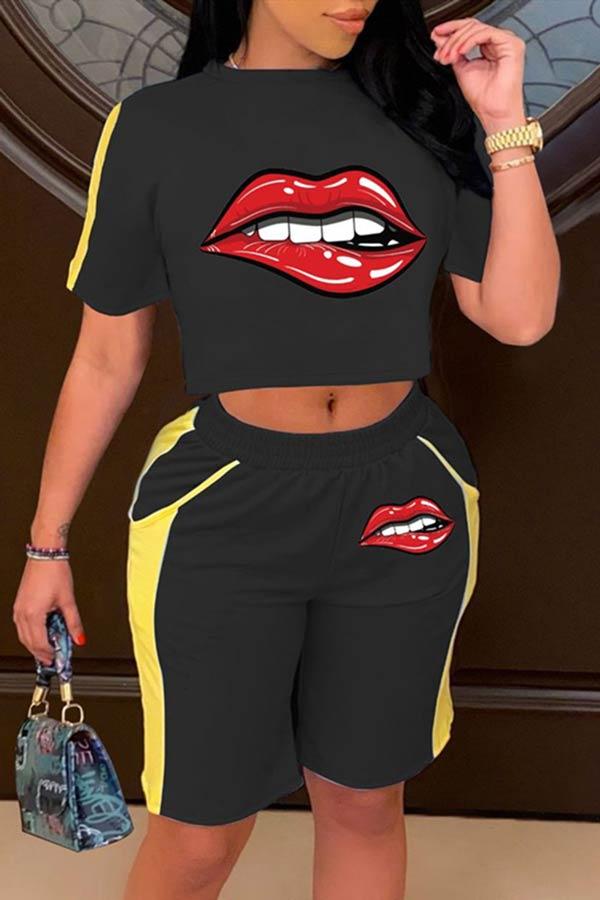 Fashion Casual Lips Printed Shorts Set