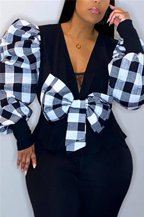 Fashion Casual Plaid Print Bowknot Decorate Tops