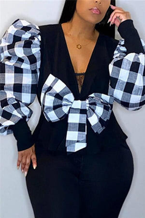 Fashion Casual Plaid Print Bowknot Decorate Tops