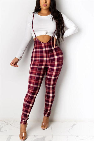 Fashion Casual Plaid Print Suspender Trousers