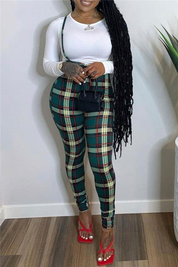 Fashion Casual Plaid Print Suspender Trousers