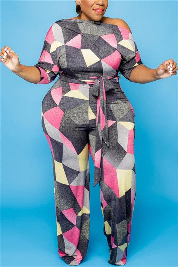 Fashion Casual Print Basic Zipper Collar Plus Size Set