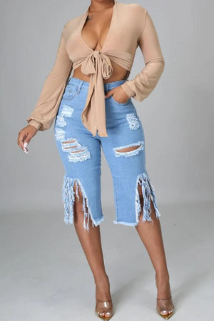 Fashion Casual Ripped Stretch Fringe Jeans