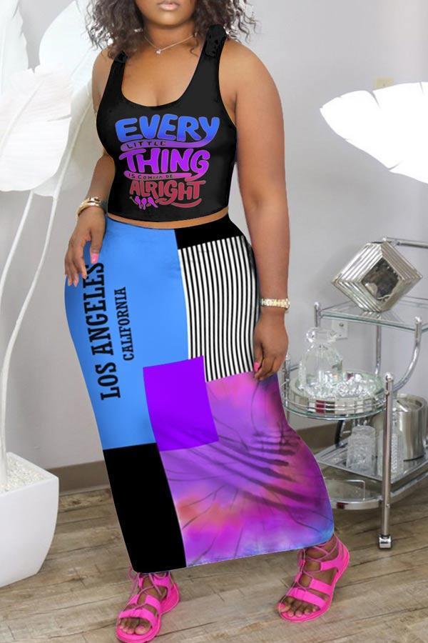 Fashion Colorful Print Vest Long Skirt Set