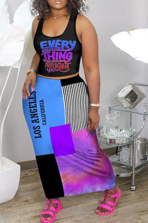 Fashion Colorful Print Vest Long Skirt Set
