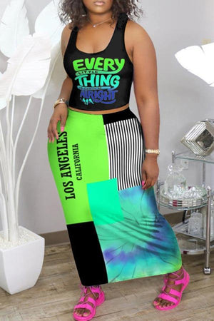 Fashion Colorful Print Vest Long Skirt Set