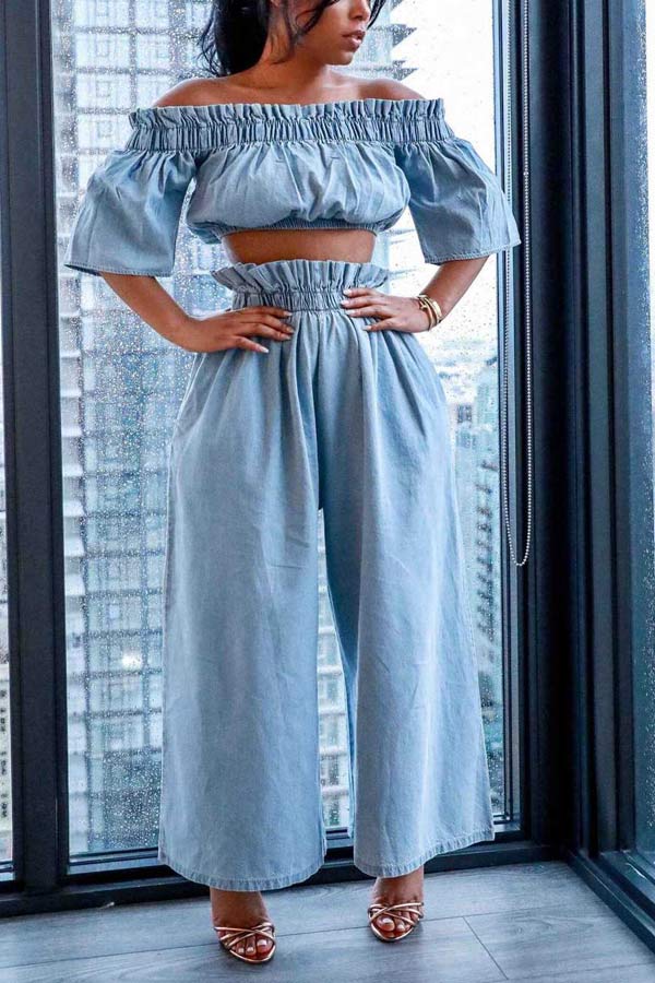 Fashion Denim Ruffle Trousers Set