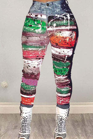 Fashion Digital Print Denim Trousers