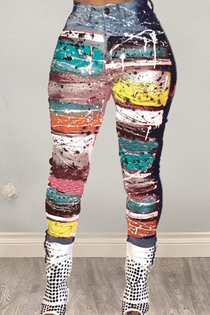 Fashion Digital Print Denim Trousers