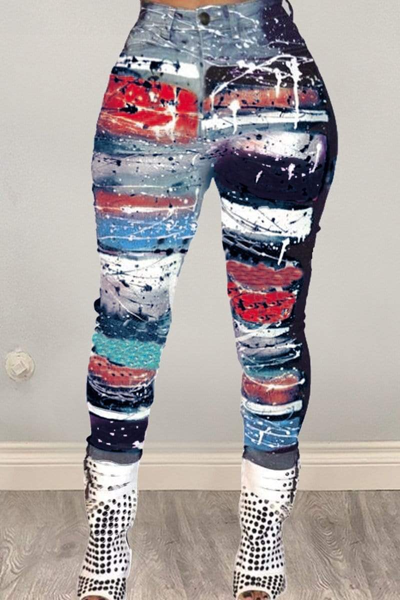 Fashion Digital Print Denim Trousers