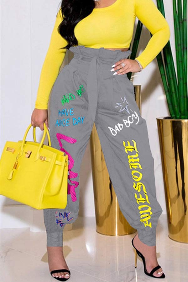 Fashion Graffiti Lace Up Pockets Trousers