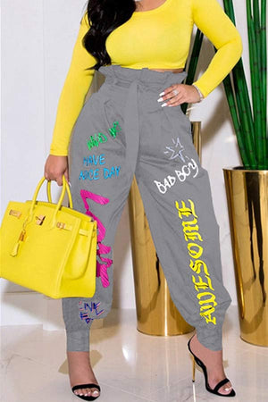 Fashion Graffiti Lace Up Pockets Trousers