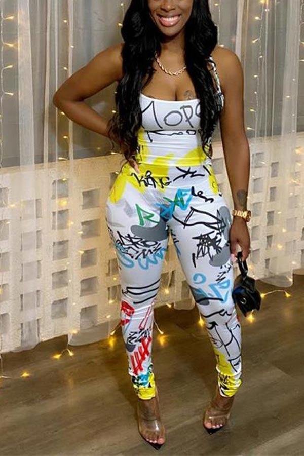 Fashion Graffiti Print Lace Up Jumpsuit