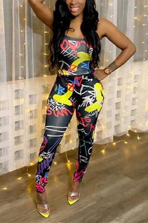 Fashion Graffiti Print Lace Up Jumpsuit