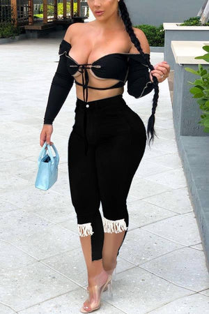 Fashion Irregular Stretch Tassel Jeans