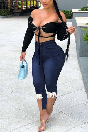 Fashion Irregular Stretch Tassel Jeans