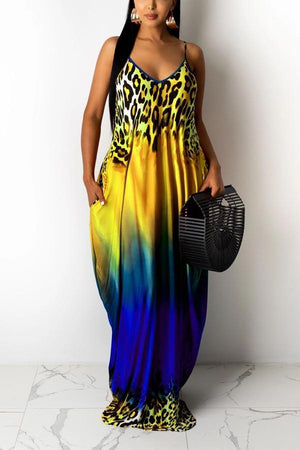 Fashion Leopard Print Pocket Maxi Dress