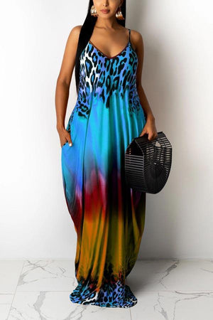 Fashion Leopard Print Pocket Maxi Dress