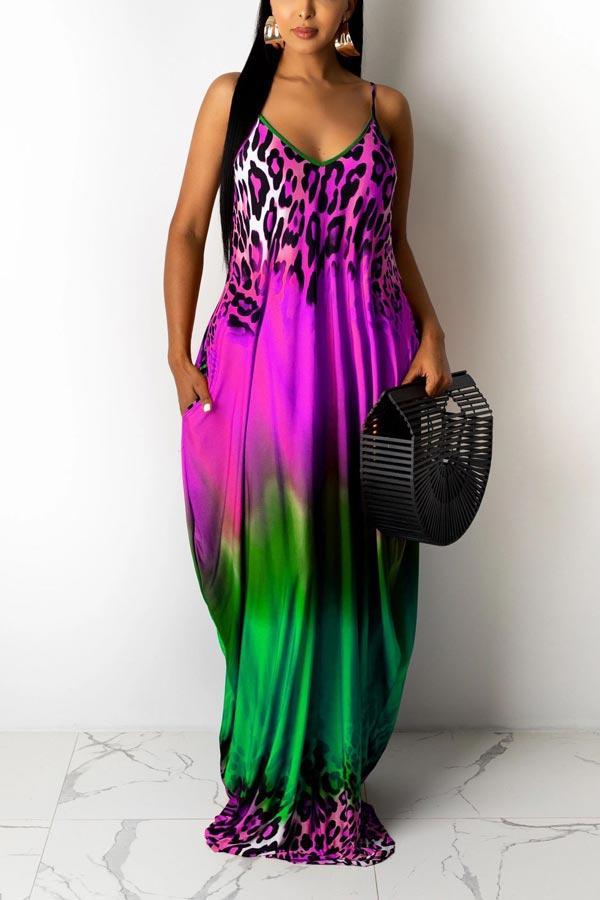 Fashion Leopard Print Pocket Maxi Dress