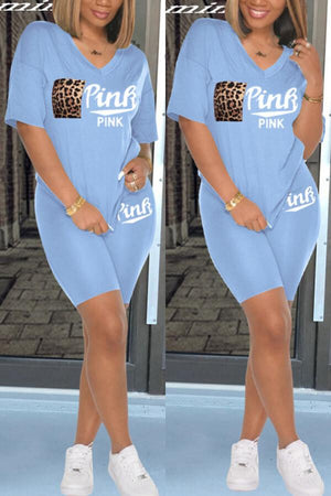 Fashion Letter Print Leopard Pocket Shorts Set