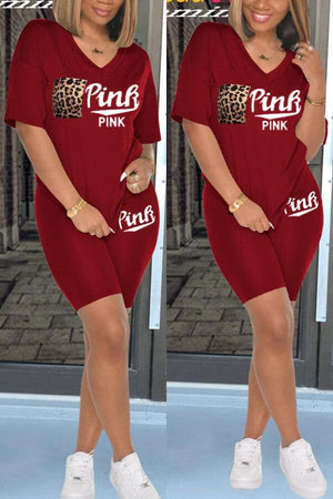 Fashion Letter Print Leopard Pocket Shorts Set