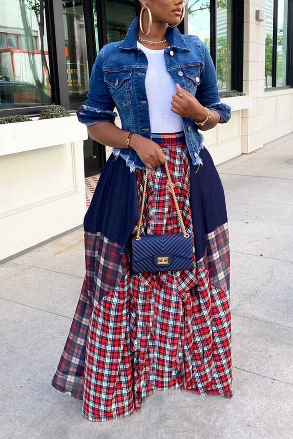 Fashion Loose Plaid Print Stitching Skirt