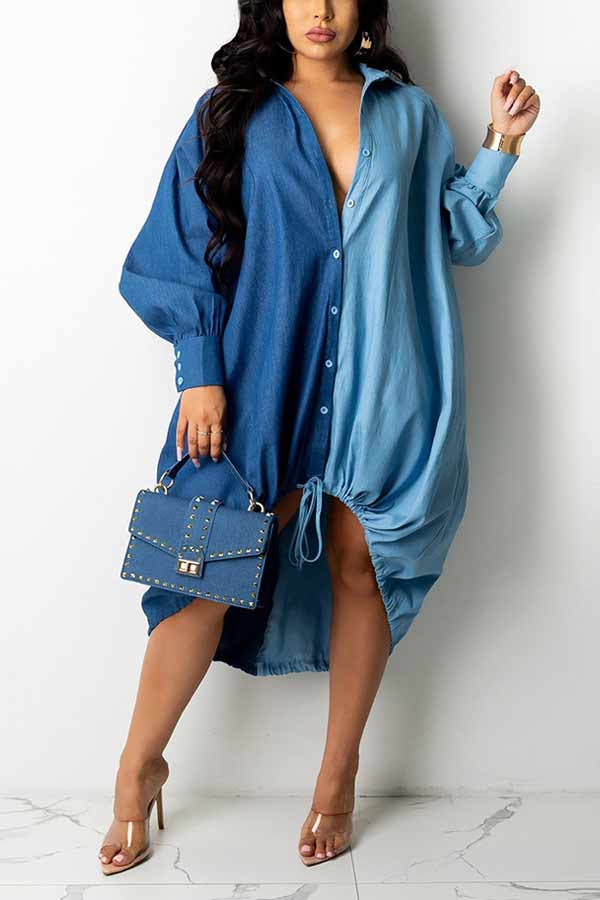 Fashion Loose Stitching Drawstring Shirt Dress