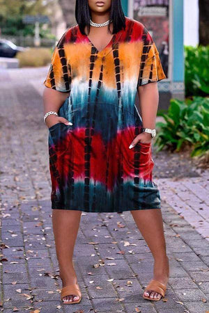 Fashion Loose Tie Dye Printed V Neck Dress