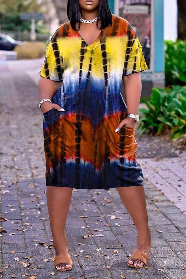 Fashion Loose Tie Dye Printed V Neck Dress