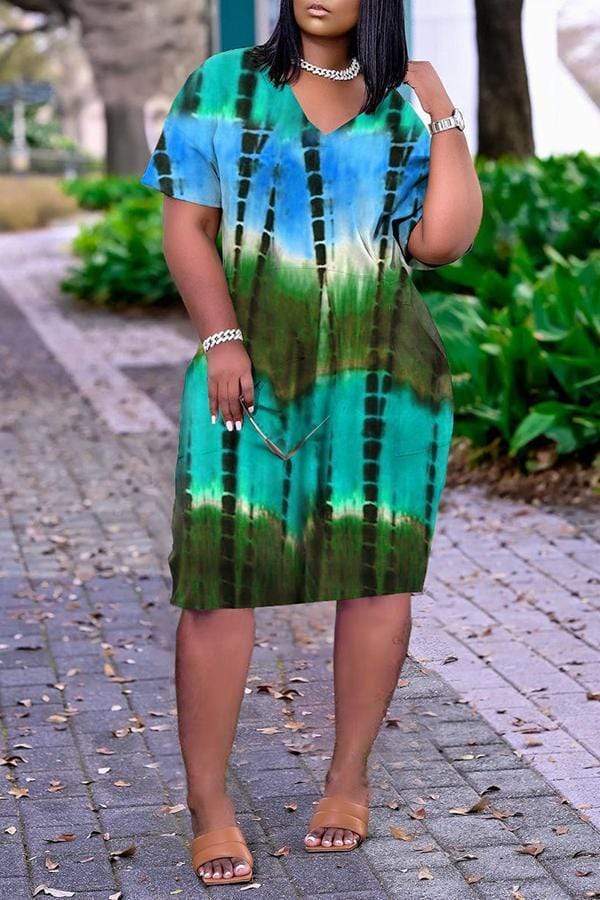 Fashion Loose Tie Dye Printed V Neck Dress